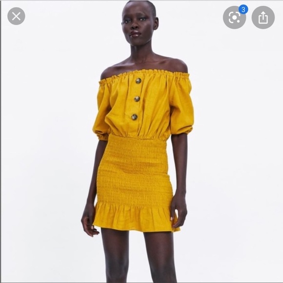 Zara smocked mustard off the shoulder dress NEW - Picture 2 of 12